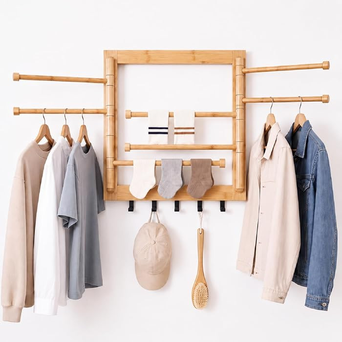 Bamboo Wall Mounted Drying Rack with 8 Swivel Arms, 80 lbs, Natural | Amazon (US)