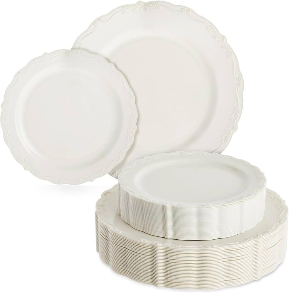Set of 60 Cream Plastic Plates, Elegant Vintage Design for Party Supplies, Weddings, Disposable, ... | Amazon (US)