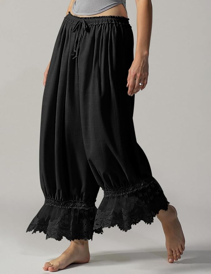 TARSE Women Linen Lace Trim Long Bloomers Pants Ruffle Victorian Vintage Pantaloons Summer Beach ... | Amazon (US)