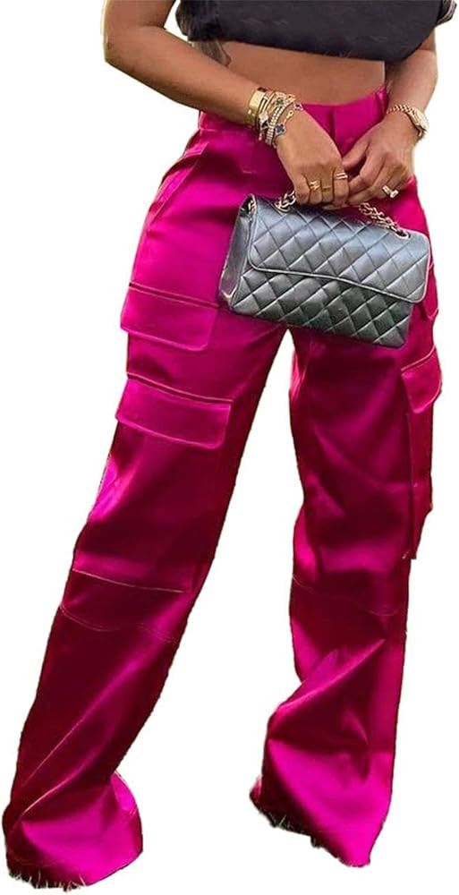 NRTHYE Women High Waisted Satin Cargo Pants Wide Leg Casual Pants Multi Pockets Straight Trousers | Amazon (US)