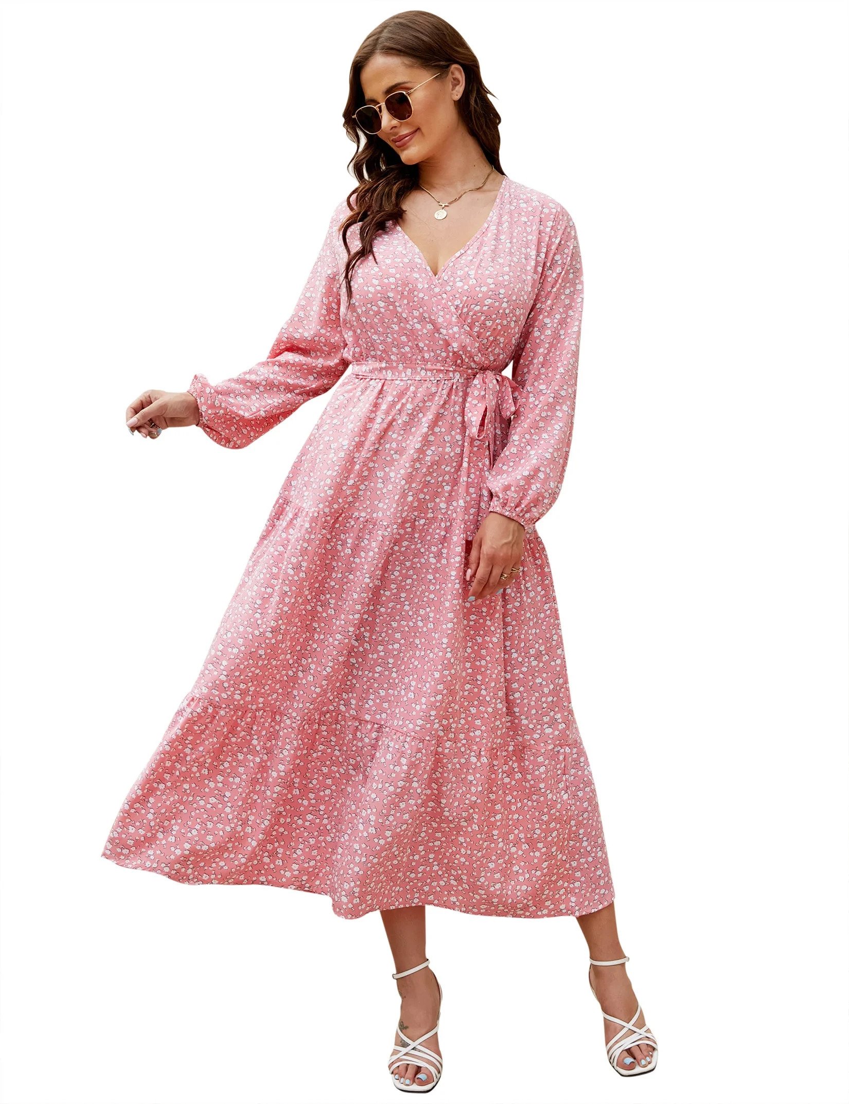 Women Long Long Sleeve Wrap V Neck Floral Printed Long Maxi Dress Plus Size | Walmart (US)