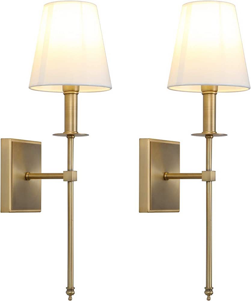 PERMO Set of 2 Classic Rustic Industrial Wall Sconce Lighting Fixture with Flared White Textile Lamp Shade and Antique Brass Tapered Column Stand | Amazon (US)