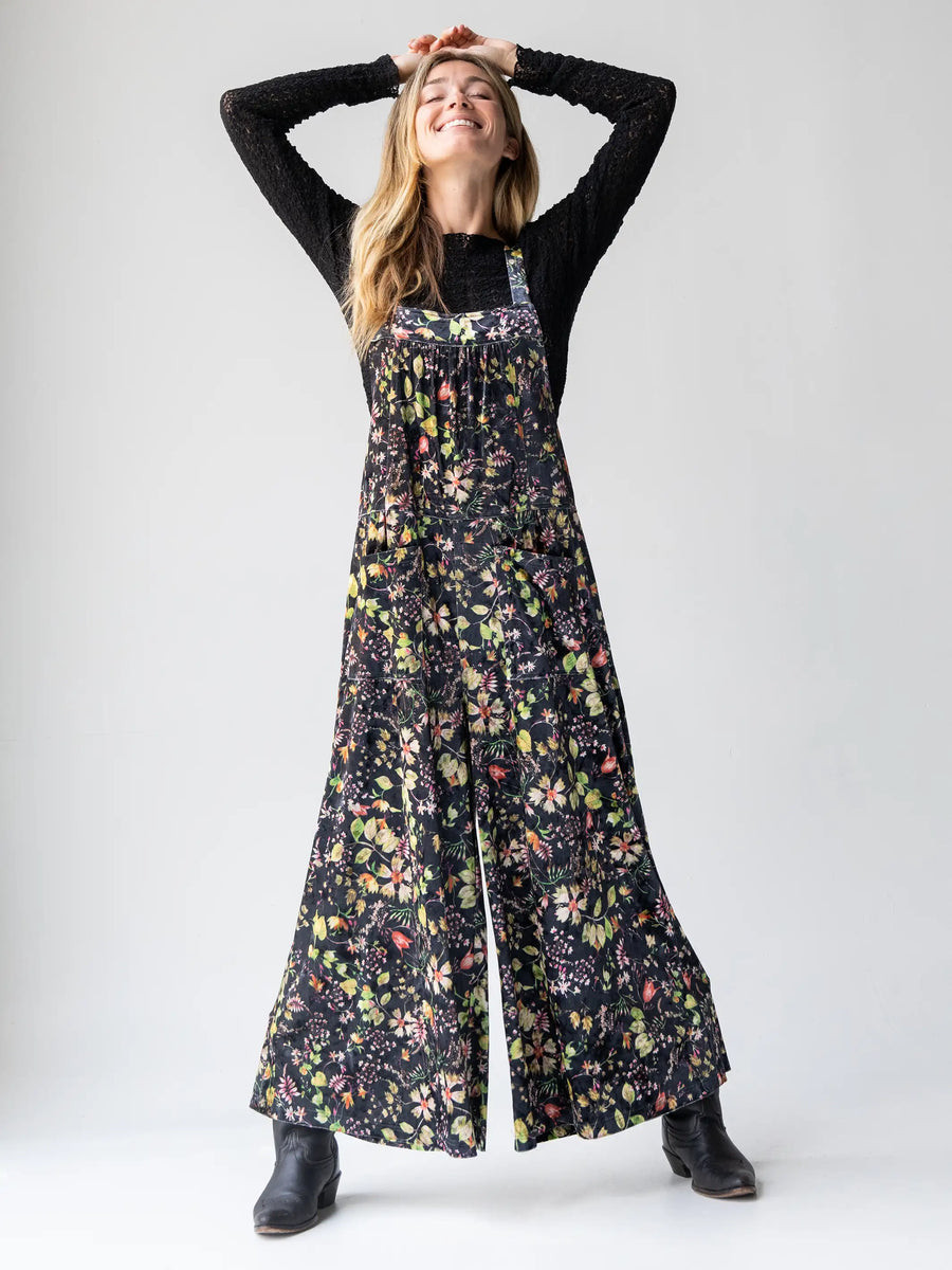 Velvet Dakota Tie Overall - Black Floral Stems | Natural Life