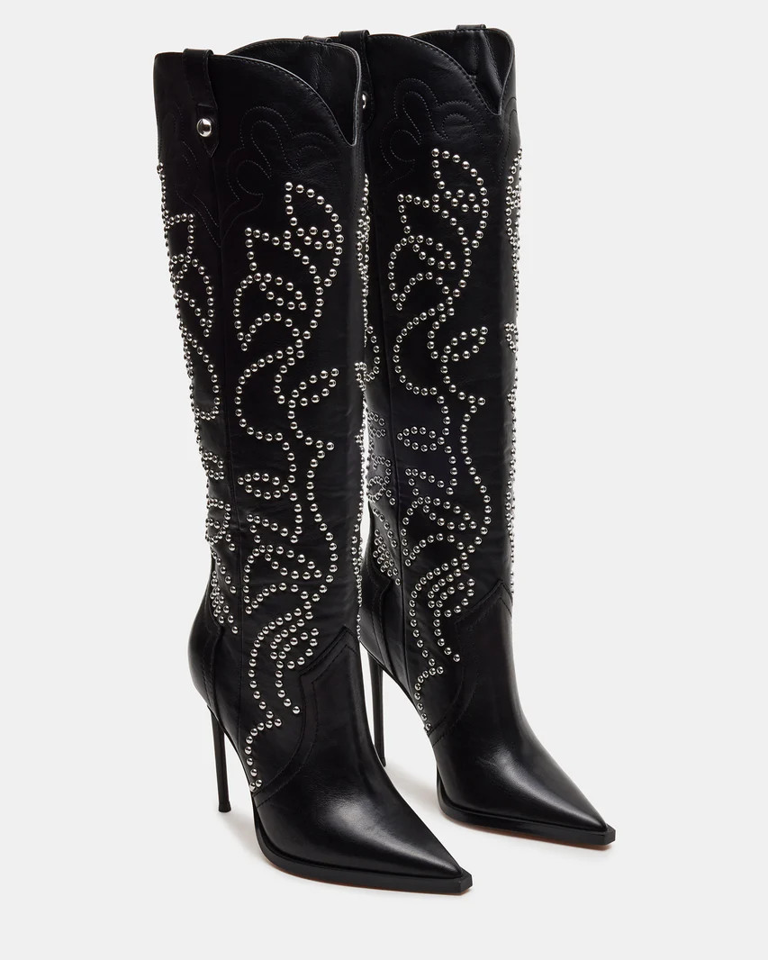 TYRANT Black Leather Studs Western Stiletto Boot | Women's Boots | Steve Madden (US)