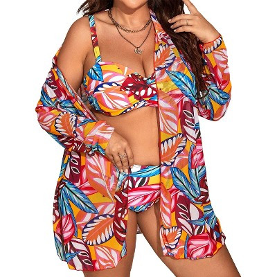 Women's Plus Size Swimsuit 3 Piece Set - Tropical Floral Print Sheer Cover Up Bikini for Beach Vacation | Target