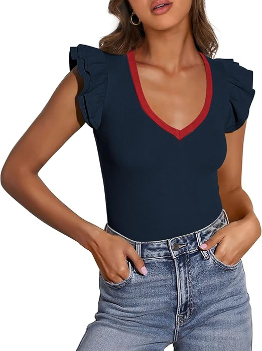 PRETTYGARDEN Womens V Neck Summer Tops Ruffle Sleeveless Slim Fit T Shirts Going Out Casual Blous... | Amazon (US)