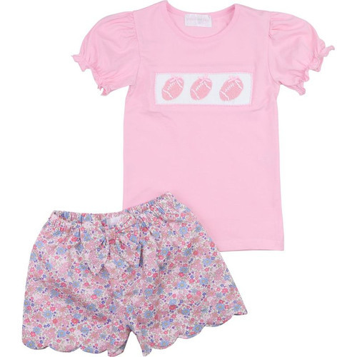 Fall Floral Pink Smocked Football Scalloped Short Set | Cecil and Lou