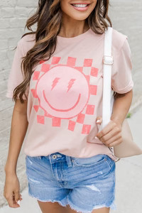 Lightning Bolt Checkered Smiley Peach Graphic Tee | Pink Lily