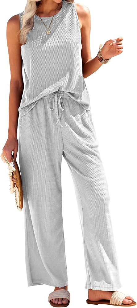 Ekouaer Womens Pajamas 2 Piece Lounge Set Waffle Knit Loungewear Sleeveless Tank Top with Long Pa... | Amazon (US)