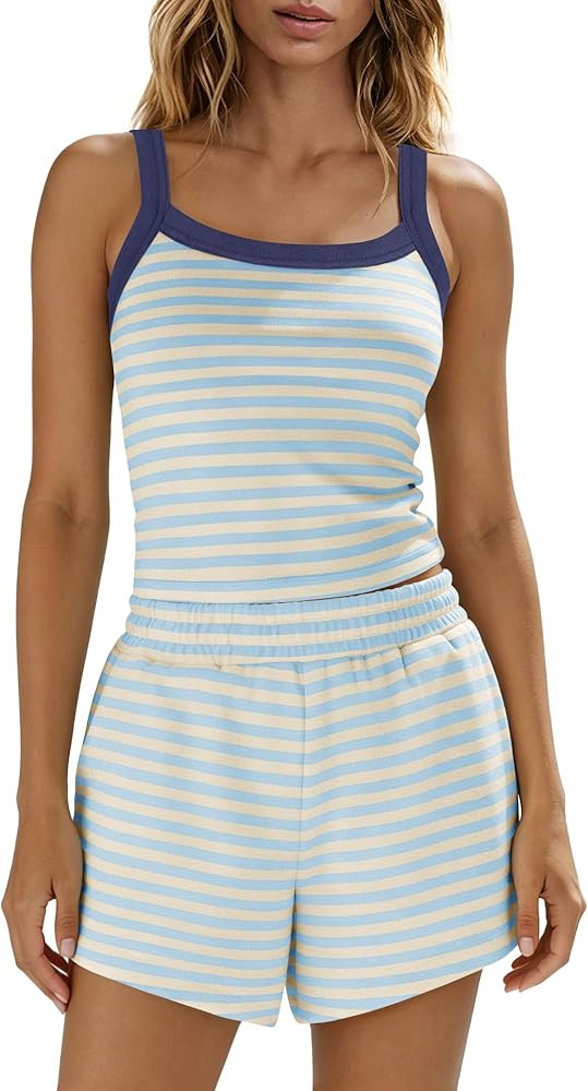 Panadila Women Striped Lounge Set 2 Piece Shorts Sets Spaghetti Strap Tank Top High Waisted Short... | Amazon (US)