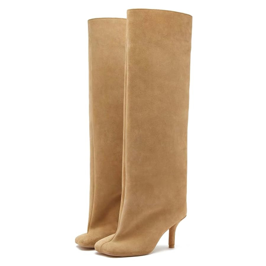 Yishaweiqi Camel Suede Knee High Boots for Women: Square Toe Stiletto Heel Long Tall Wide-Calf Co... | Amazon (US)