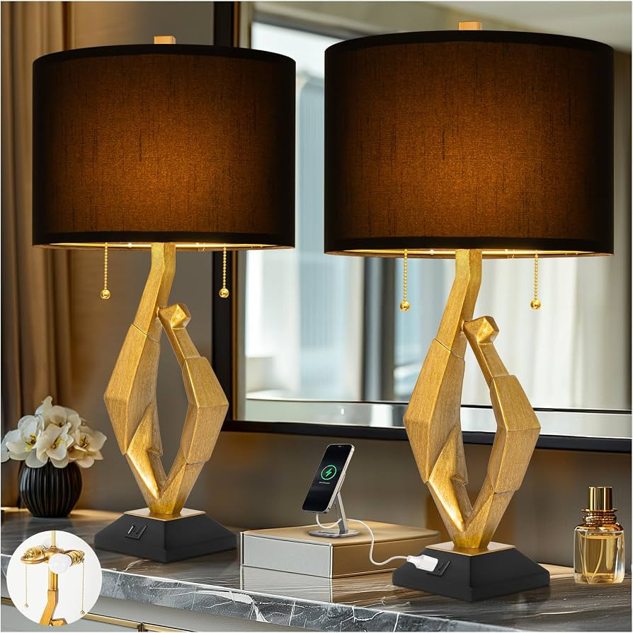 Sculptural Table Lamp Set of 2 with USB Ports For Living Room, Gold Leaf Finish Farmhouse Bedside... | Amazon (US)
