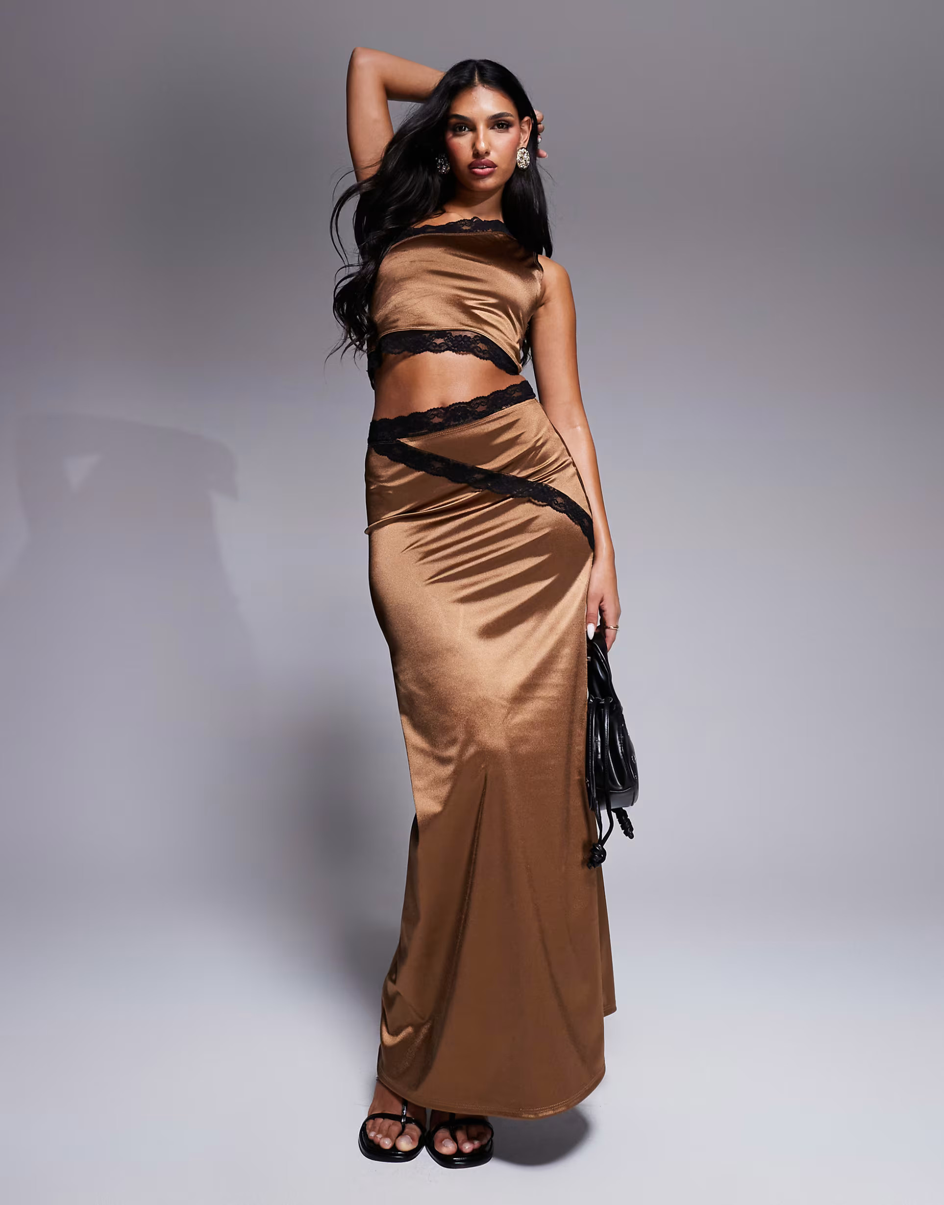 ASOS DESIGN co-ord contrast lace trim one shoulder crop top and maxi skirts in brown | ASOS (Global)