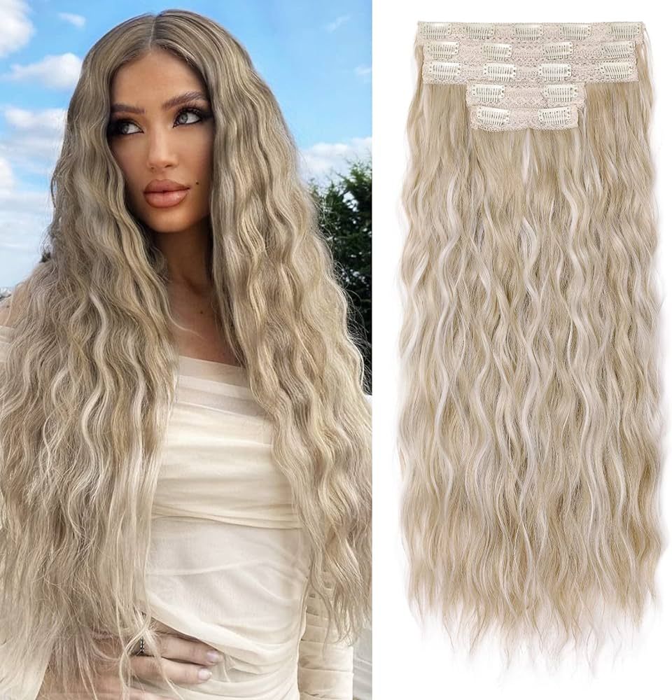 REECHO Clip in Hair Extensions, 5PCS Ash Blonde Hair Extensions 24" Thick Long Loose Waves hair e... | Amazon (US)