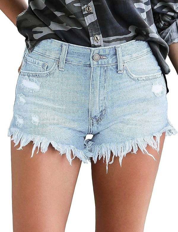 luvamia Women Casual High Waisted Denim Shorts Frayed Raw Hem Ripped Jeans Shorts | Amazon (US)