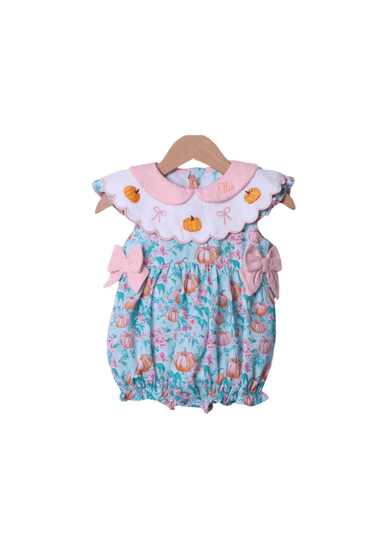Smocked Pumpkin Turquoise Bow Bubble | The Smocked Flamingo