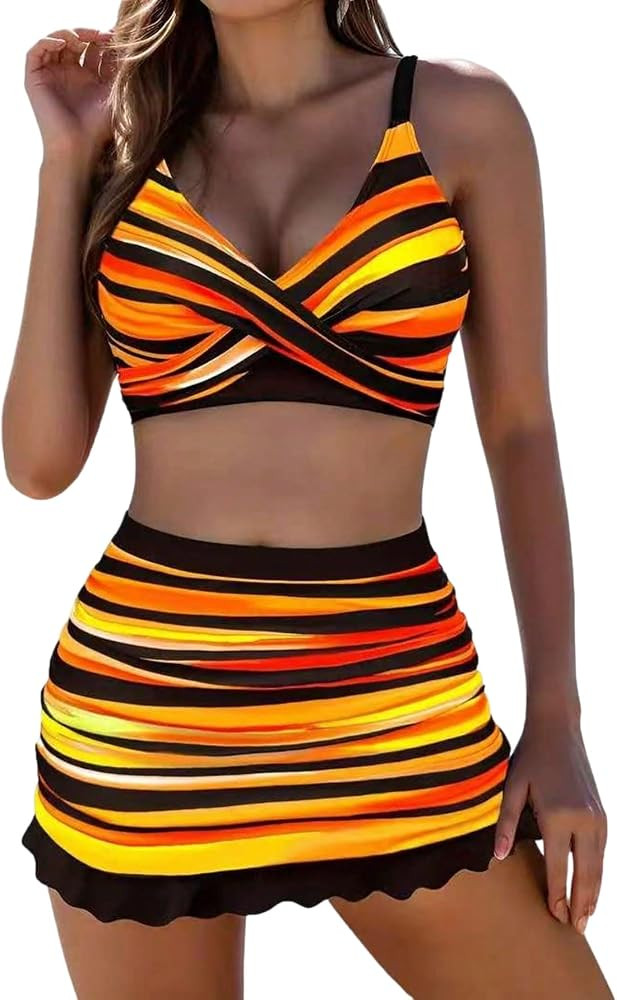 SOLY HUX Women's 3 Piece Swimsuit Colorful Striped Twist Front Bikini Set Bathing Suit with Cover... | Amazon (US)