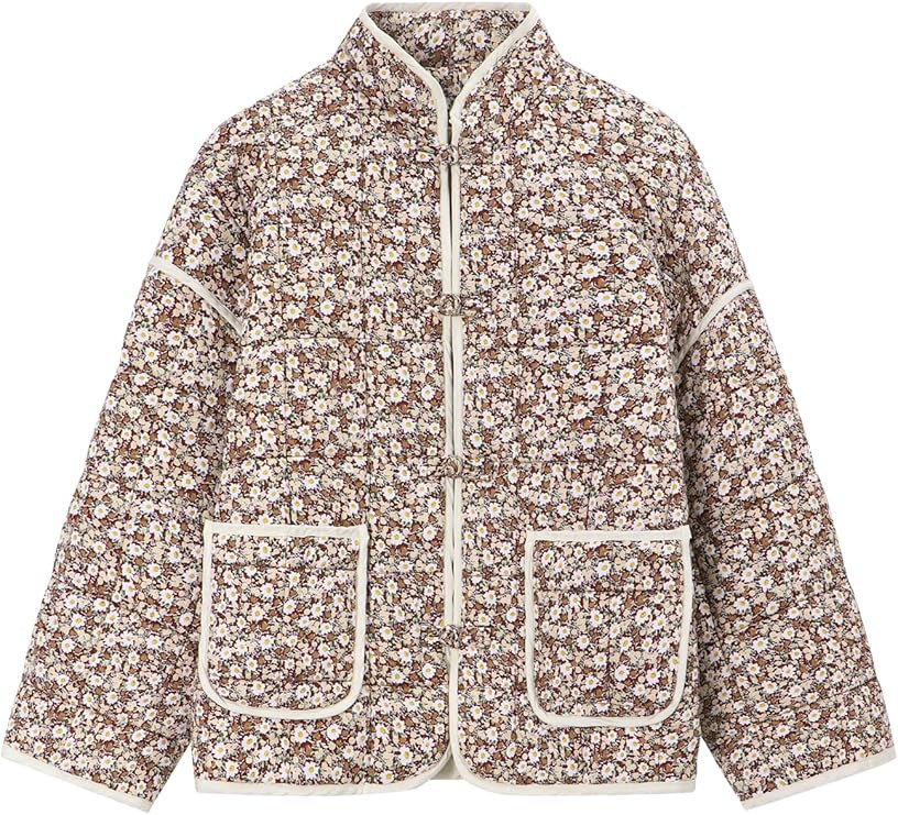 Muchpow Quilted Puffer Jacket for women Floral Printed Lightweight Cropped Button Down Outerwear ... | Amazon (US)