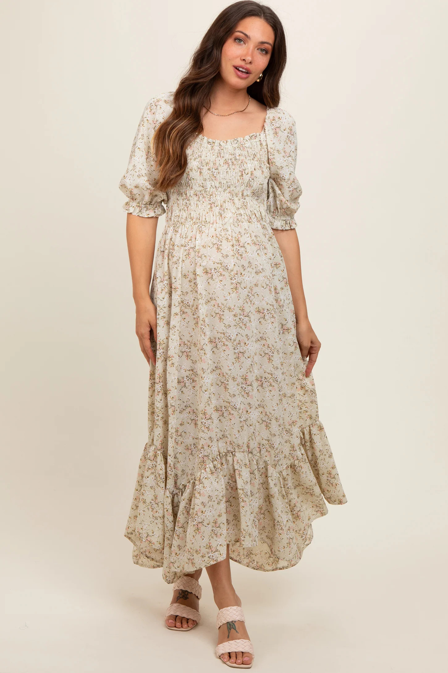 Light Olive Smocked Handkerchief Hem Maternity Dress | PinkBlush Maternity