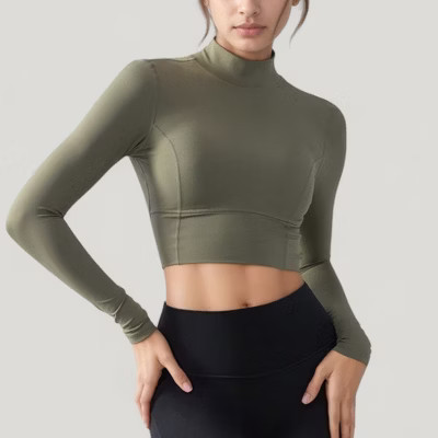 Anna-Kaci Active Women's Long Sleeve Crop Top with High Neck and Open Back Design - Large, Olive Green | Target