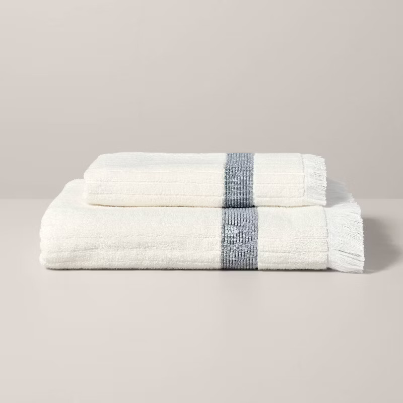 Textured Stripe Terry Hand Towel with Fringe Blue/Cream - Hearth & Hand™ with Magnolia | Target