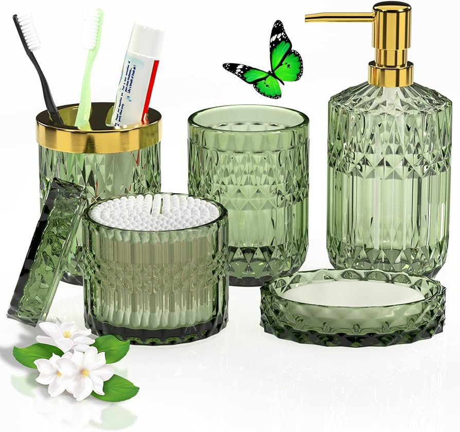 Premium Green Bathroom Accessory Set, 5 Pcs Glass Bathroom Accessories with Lotion Soap Dispenser, Soap Dish, Toothbrush Holder, Tumbler, Cotton Swab Jars, Perfect for Bathroom Theme Gift | Amazon (US)