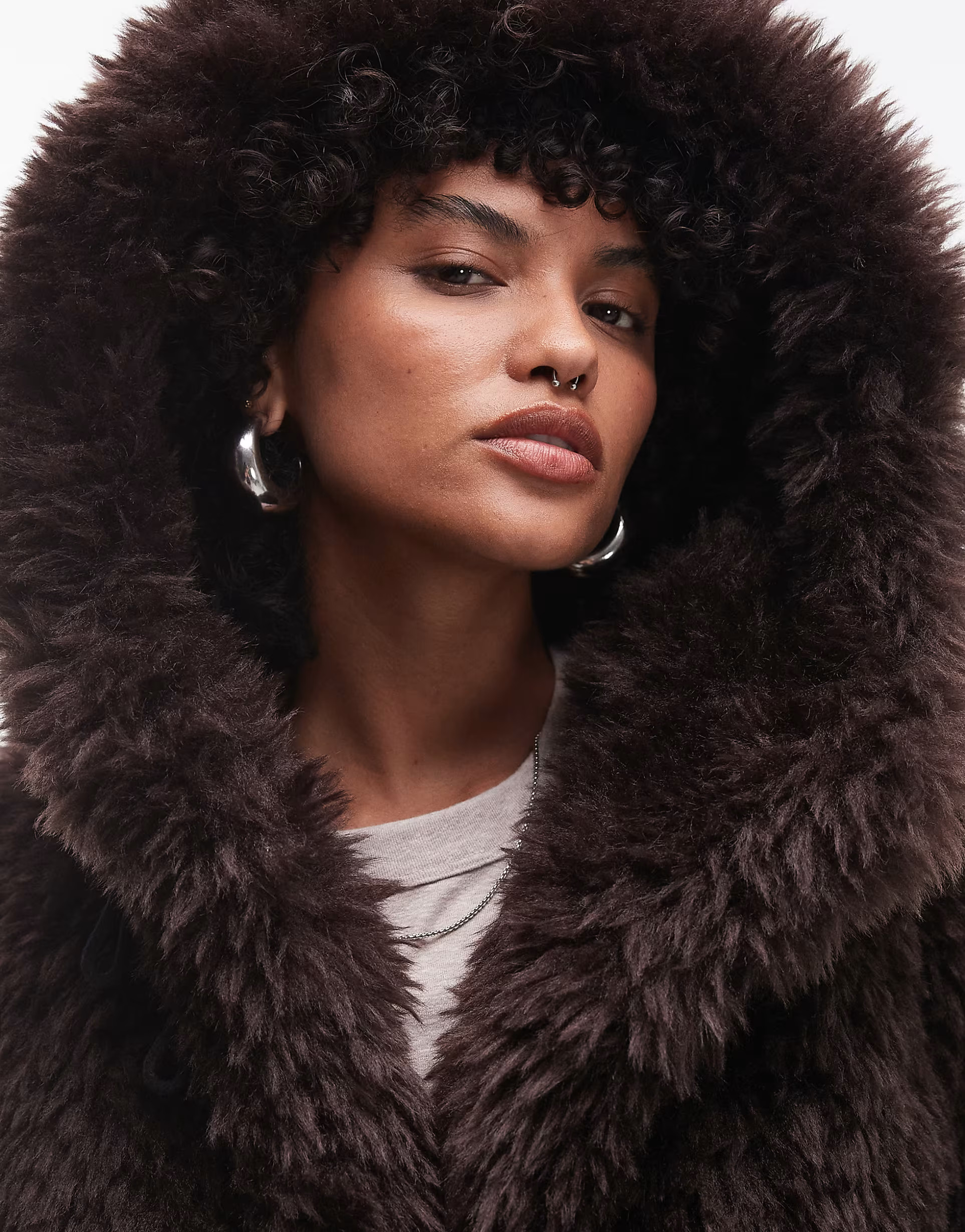 Topshop faux fur duffle hooded long coat in dark choc | ASOS (Global)