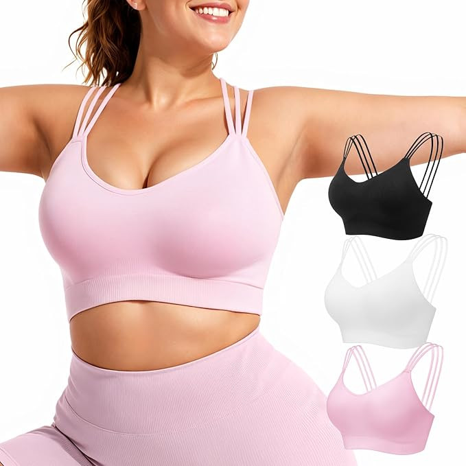 FITTIN Strappy Sports Bras for Women: Padded Full Coverage 3 Pack Sport Bra for Yoga Pilates - fo... | Amazon (US)