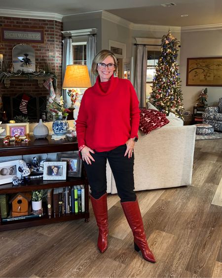 Simple Red holiday outfit featuring red boots. And these come in wide and extra wide calf!

#LTKSeasonal #LTKmidsize #LTKHoliday