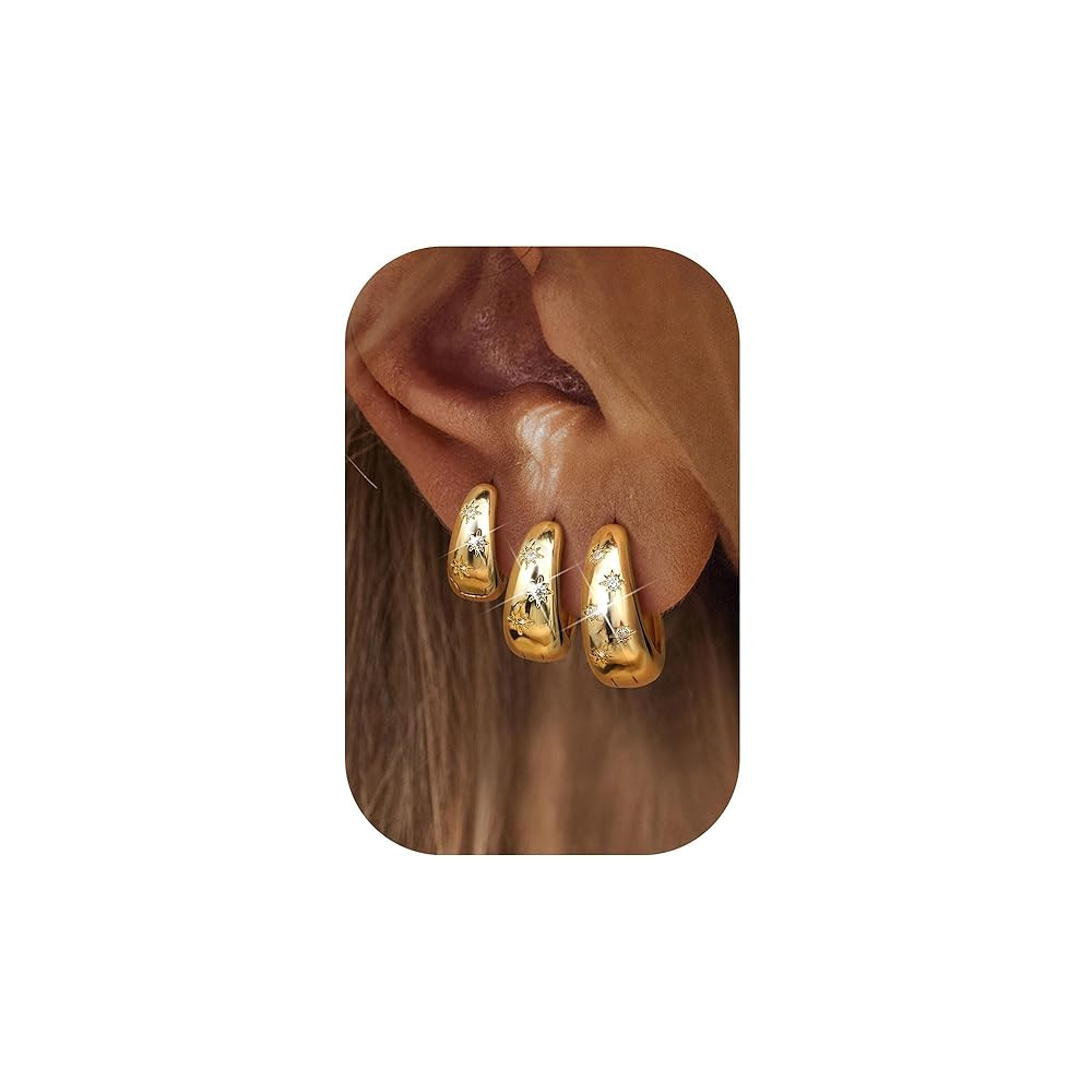 14K Gold Plated Hoop Earrings Set for Women - 3Pairs Chunky 14K Gold Plated Silver Huggie Earring... | Amazon (US)