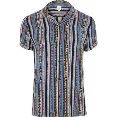 Blue aztec print short sleeve revere shirt | River Island (UK & IE)