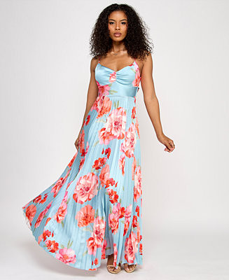 KATIA RAE Juniors' Floral Bow-Back Pleated Maxi Dress - Macy's | Macy's