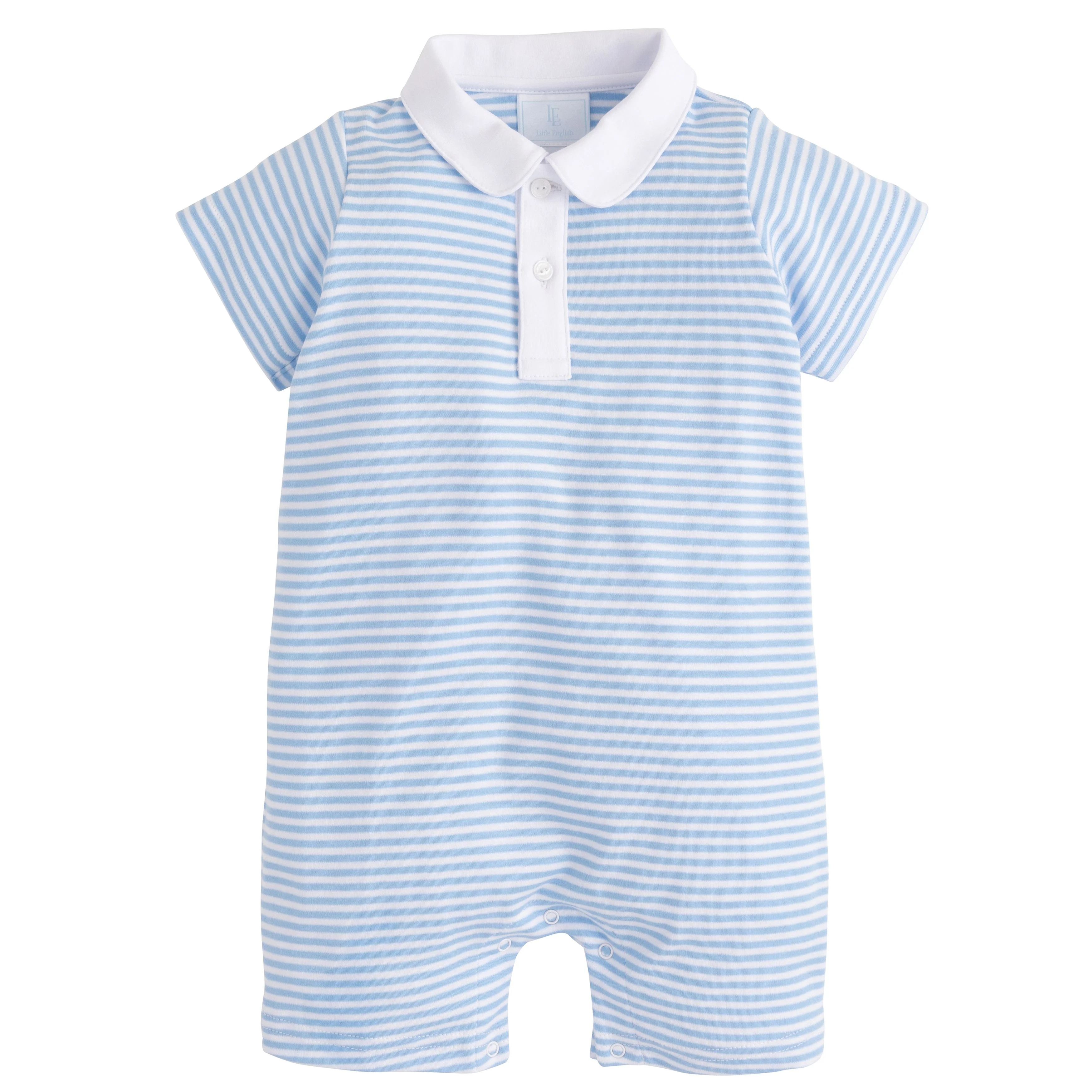 Little English Peter Pan Polo Romper- Light Blue Stripe | JoJo Mommy