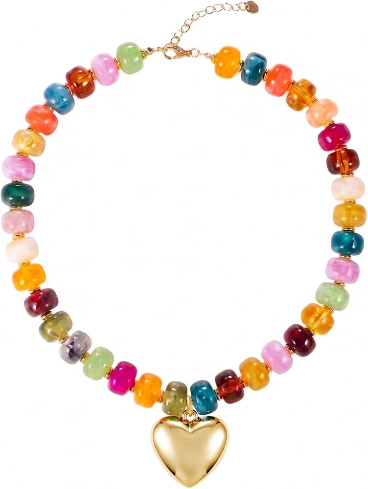 SYNLIN Resin Chunky Beaded Necklace for Women, Adjustable Heart Pendant Beaded Choker, Lightweigh... | Amazon (US)