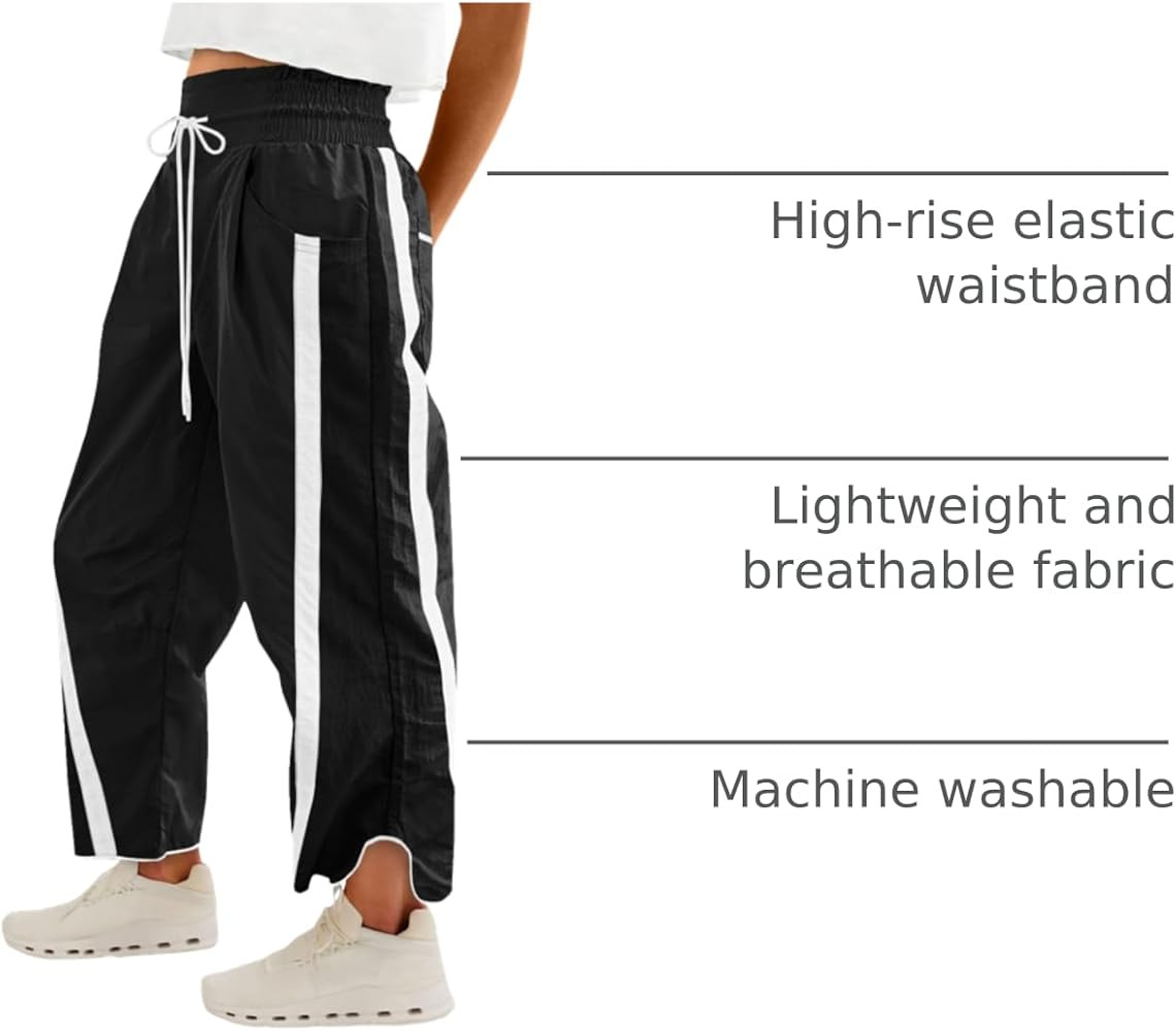 Fisoew Women's Baggy Wide Leg Pants Casual Drawstring Elastic Waisted Contrast Color Workout Y2K ... | Amazon (US)