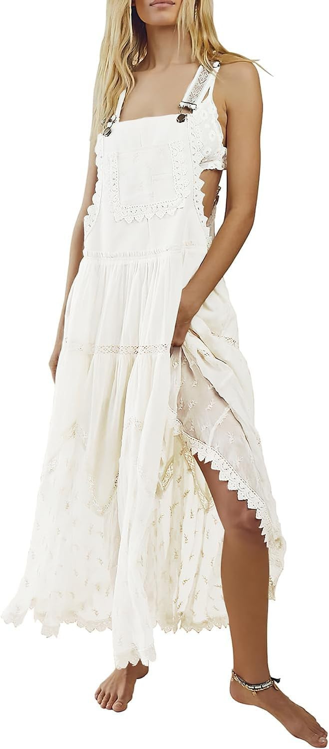 Women's Laced Embroidered Tulle Boho Dress Casual Loose Adjustable Straps Bib Maxi Dress | Amazon (US)