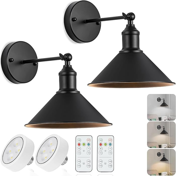 Juego de 2 apliques de pared inalámbricos vintage negros a pilas, luces LED inalámbricas con co... | Amazon (US)