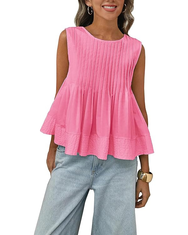 Womens Summer Pleated Peplum Sleeveless Blouse Tank Tops Round Neck Y2K Babydoll Blouse Shirt | Amazon (US)