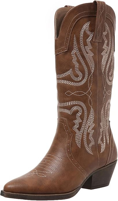 Cowboy Boots for Women Cowgirl Mid Calf Western Boots Embroidered Stitched Pointed Toe Chunky Blo... | Amazon (US)
