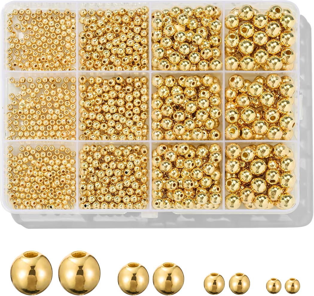 1100 Pcs Smooth Round Beads - 3/4/6/8mm Gold Spacer Loose Ball Bead Kits for Bracelet Jewelry Mak... | Amazon (US)