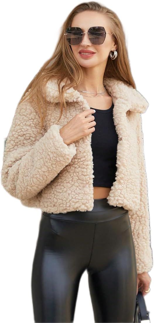 women's jacket Women's Solid Crop Teddy Jacket - Casual Style, Long Sleeve, Collar, Faux Fur, Cam... | Amazon (US)