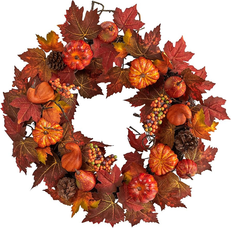 Nearly Natural 24in. Autumn Maple Leaves, Pumpkin, Pinecone and Berries Artificial Fall Wreath | Amazon (US)