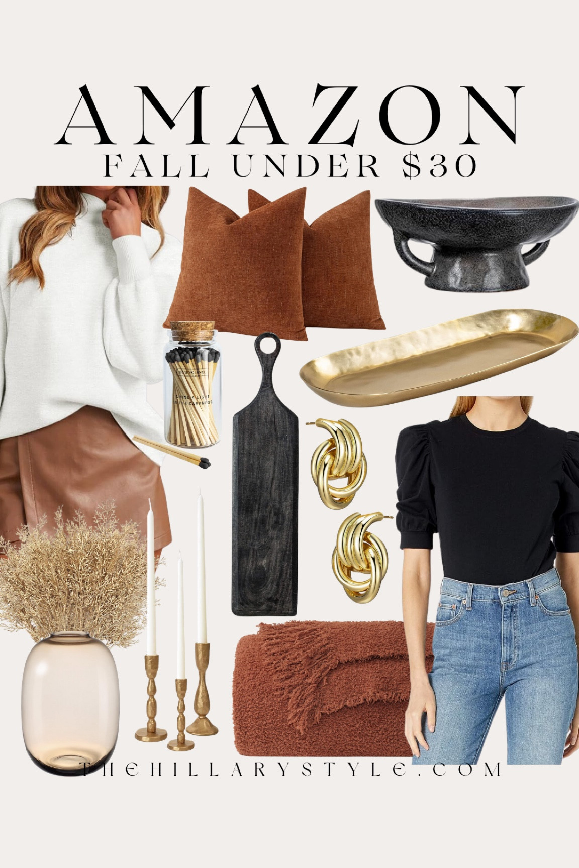 AMAZON Fall Under $30: Sweater, jewelry, throw blanket, pillows, candlestick holders, vase, faux florals, matchsticks, wood cutting board, decorative tray, bowl. 

#LTKStyleTip #LTKHome #LTKSeasonal