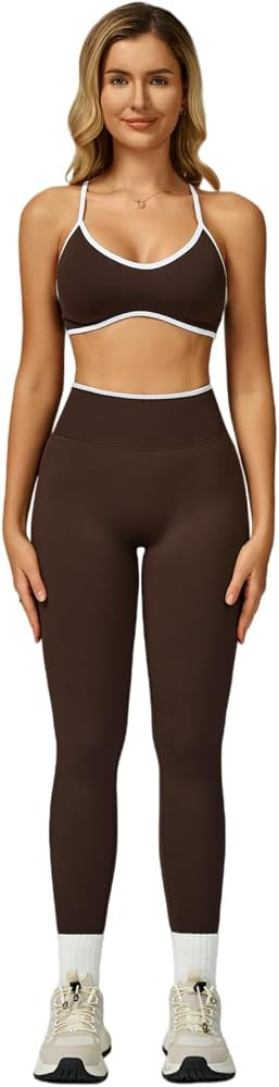 Womens Workout Sets 2 Piece Contrastline Sports Bra Seamless High Wait Butt Lifting Leggings Gym ... | Amazon (US)
