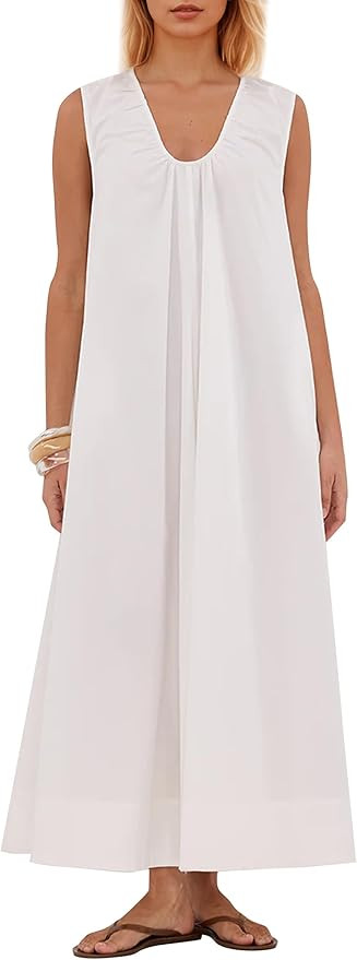 Women Flowy Maxi Dress Ruched Sleeveless Long Dress Vacation Fashion Summer Casual Loose Fit Sund... | Amazon (US)