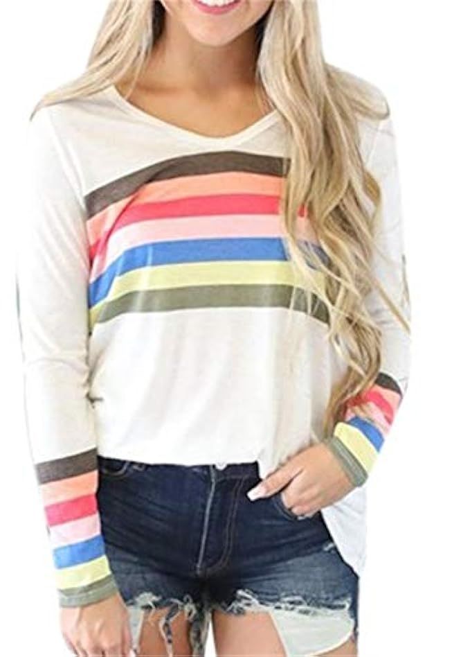 Women Casual Top Stripe Printed Crew Neck Long Sleeve Loose Fit Fashion Shirt Blouse | Amazon (US)