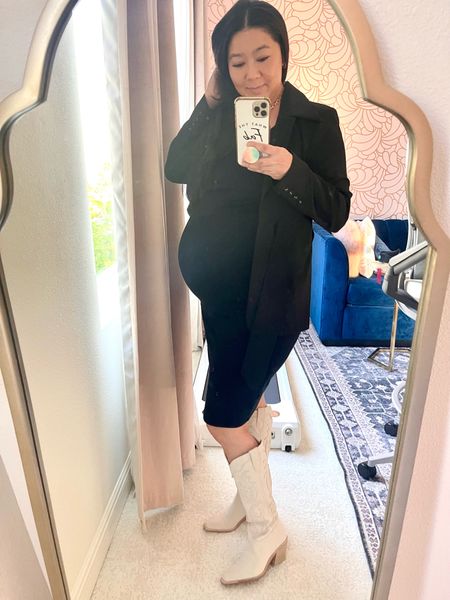 Maternity outfit, maternity dress, black maternity dress, dolce vita boots, white boots, pregnancy outfit, pregnancy style 

#LTKMidsize #LTKFindsUnder100 #LTKBump