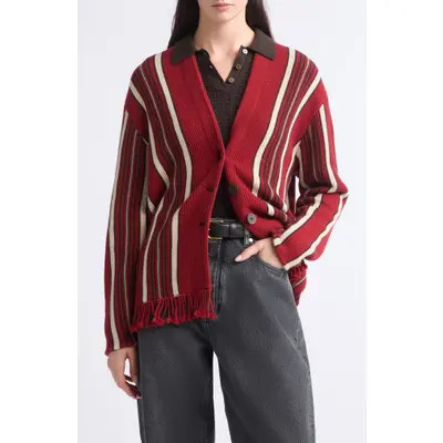 GUEST IN RESIDENCE Handloom Striped Cashmere & Wool Cardigan in Carmine Combo at Nordstrom, Size Large | Nordstrom