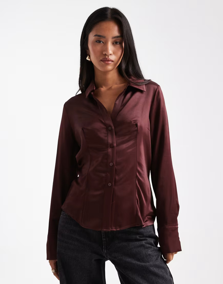 Miss Selfridge fitted satin shirt-Brown | ASOS (Global)