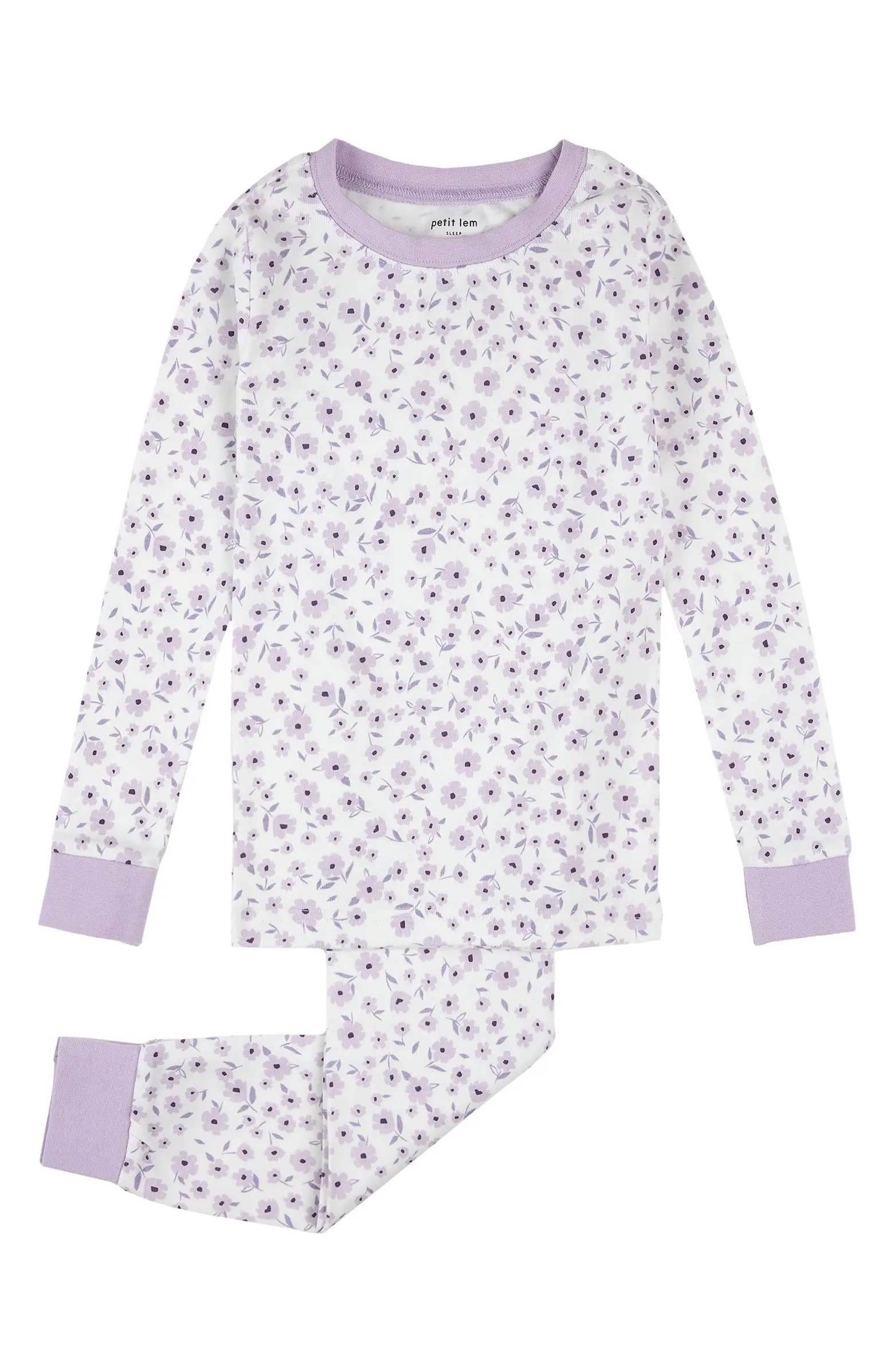 Kids' Lilac Print Fitted Two-Piece Organic Cotton Rib Pajamas | Nordstrom